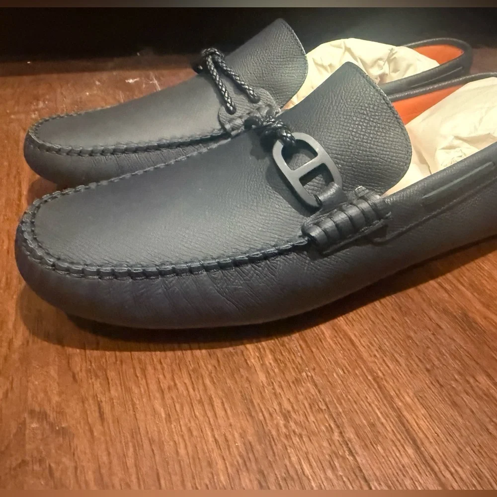 AUTHENTIC MENS HERMES ALLESANDRO LEATHER LOAFERS, SIZE US 9.5, NAVY - Picture 9 of 15